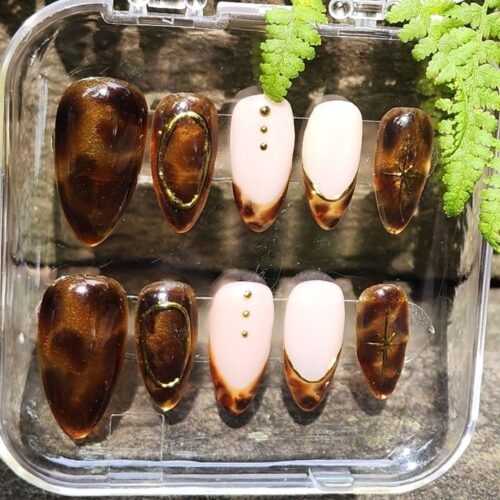 Close up of Tortoise shell pattern press-on nails in acrylic box
